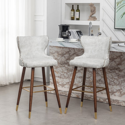 Mid-Century Modern Faux Leather Tufted Nailhead Trim Barstool Set Of 2