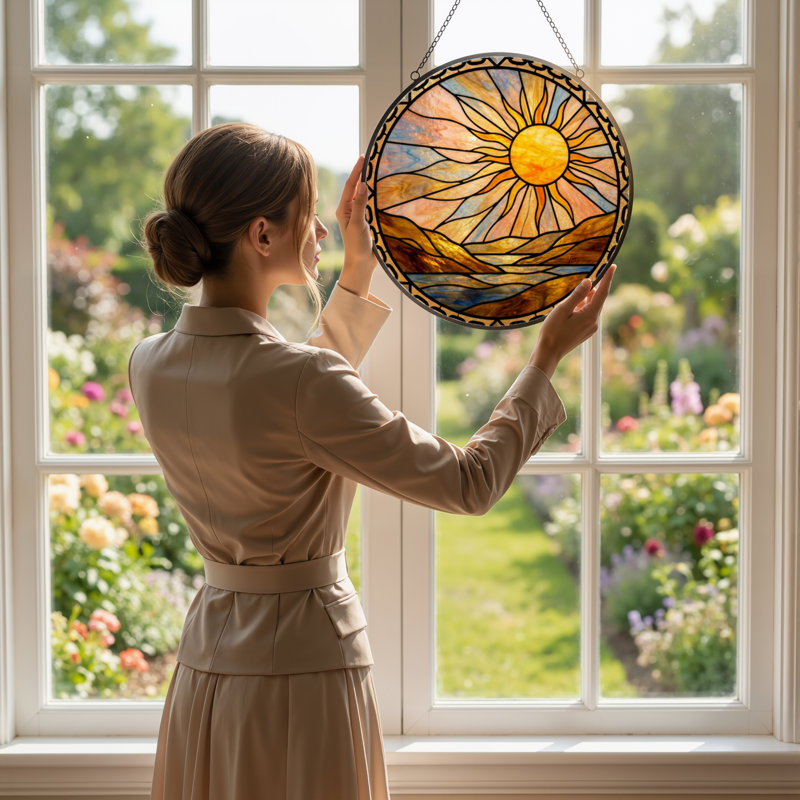 Panneau de vitrail 12 "H Sunset Landscape, H 12 po x l 12 po