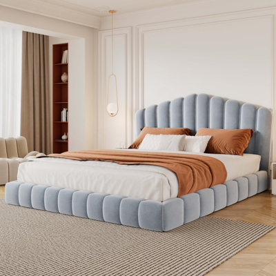 Velvet Upholstered Queen Bed Frame Floor Bed Shell-Shaped Headboard for Bedroom,No Box Spring Needed