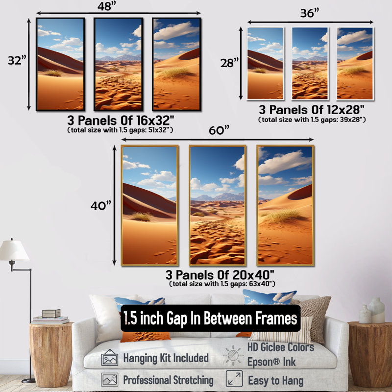 Dunes du désert, horizon panoramique V - désert, art mural, Cadre flottant noir, H 28 po x l 36 po x P 1 po