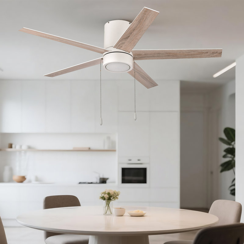 52 po Ventilateur de plafond intérieur encastré blanc avec 5 pales, chaîne de traction, Blanc mat / frêne organique