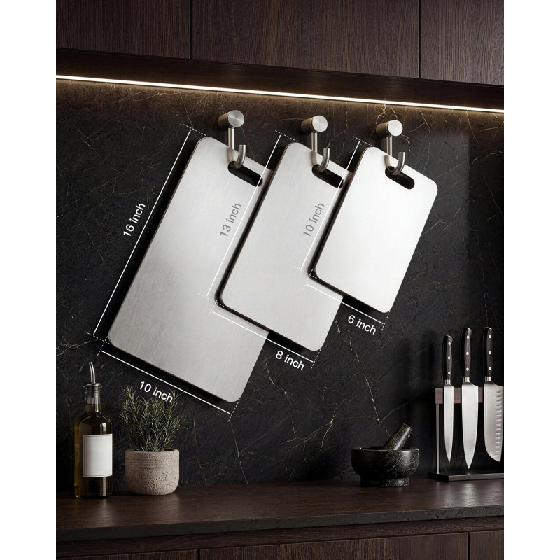 Ensemble de 3 planches à découper en titane - Coffre-fort à double face pour planches à découper en métal, facile à utiliser et résistant aux marques et au lave-vaisselle - 16 x 10/13 x 8/10 x 6 - couleur acier inoxydable