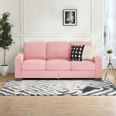 83.86” Snowfleece Fabric 3-Seater Sofa With Cup Holders - Cozy Compressed Couch For Living Room, Bedroom, Or Office