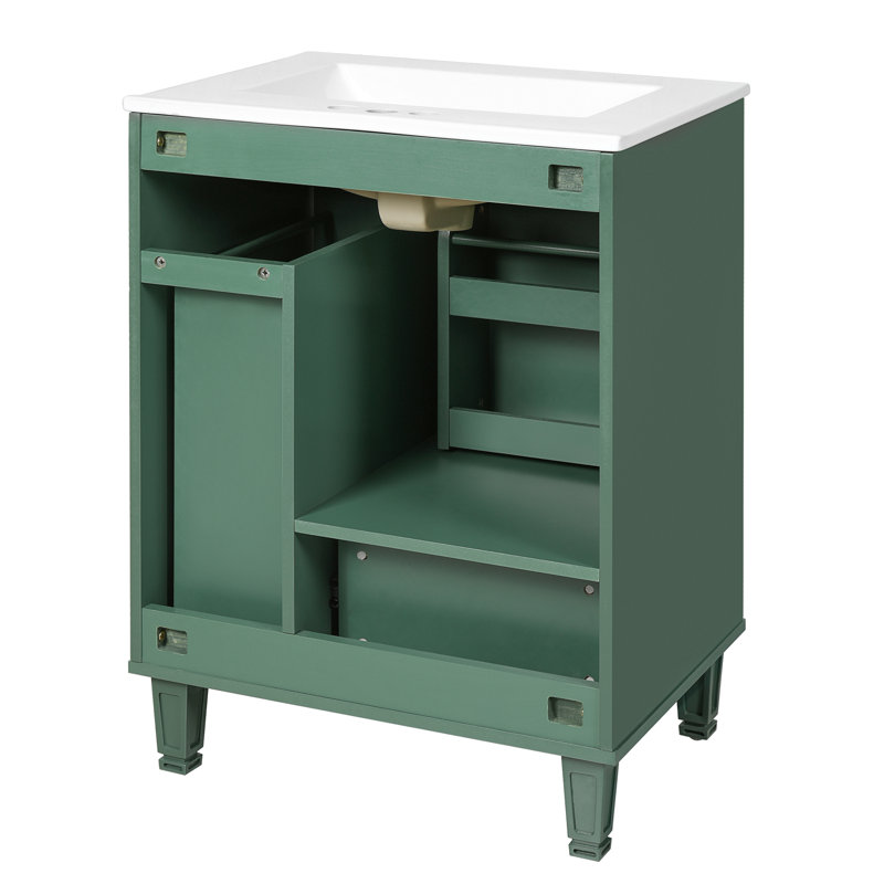 De salle de bain "avec lavabo en céramique, structure en bois massif, tiroir profond et panier coulissant - vert, conception autoportante pour une salle de bain élégante