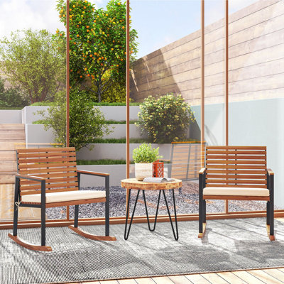 Outdoor Rocking Chair Set of 2, Acacia Wood Outdoor Rockers with Armrests, Cushion