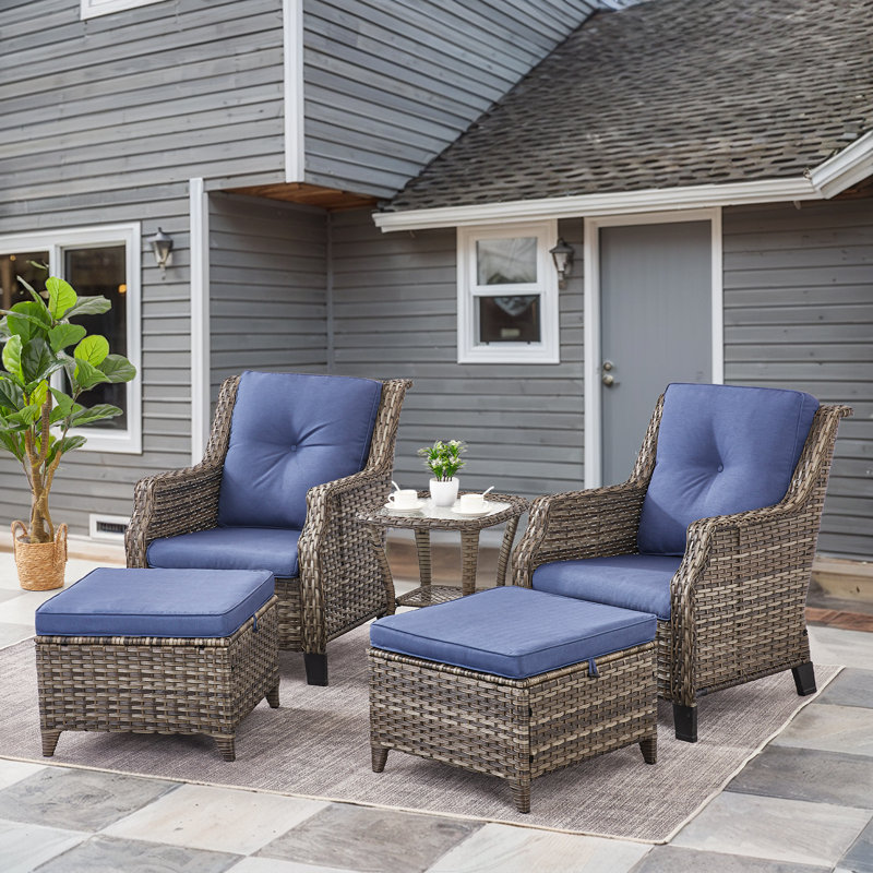 Carlston Outdoor PE Wicker Patio Lounge Chair Set with Side Table and Ottomans