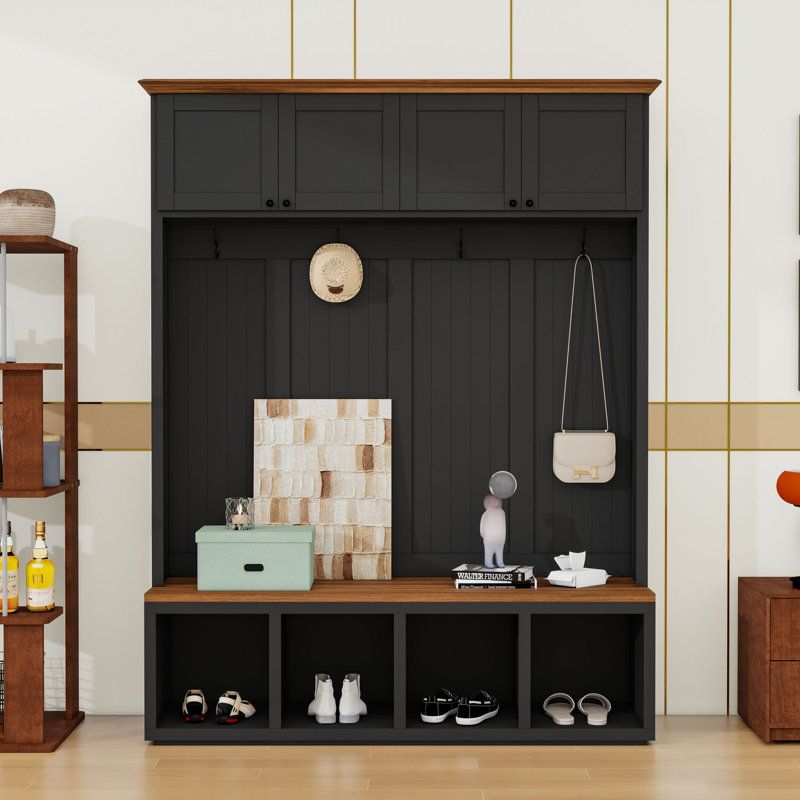 Hall Tree with Bench, Hooks and Storage Cabinets, Black