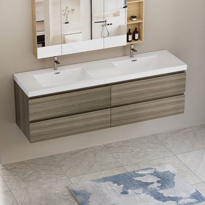 Meuble-lavabo flottant 72 po avec lavabo, meuble-lavabo mural moderne avec deux lavabos en résine et quatre tiroirs à fermeture en douceur