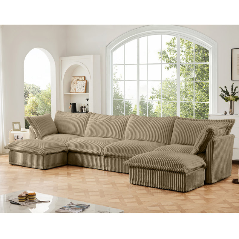 Canapé, repose-pieds en chenille, 3, H 34,6 po x l 120 po x P 33 po, Velours côtelé chameau