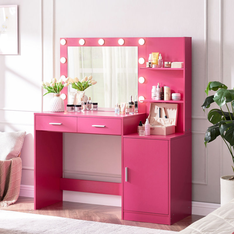 Vanity Desk With Mirror And Lights, 46.4in Dressing Table, 2 Large Drawers & Mesmerizing Vertical Organizer, 3 Level Dresser, Lighting Modes Adjustable Brightness For Bedroom