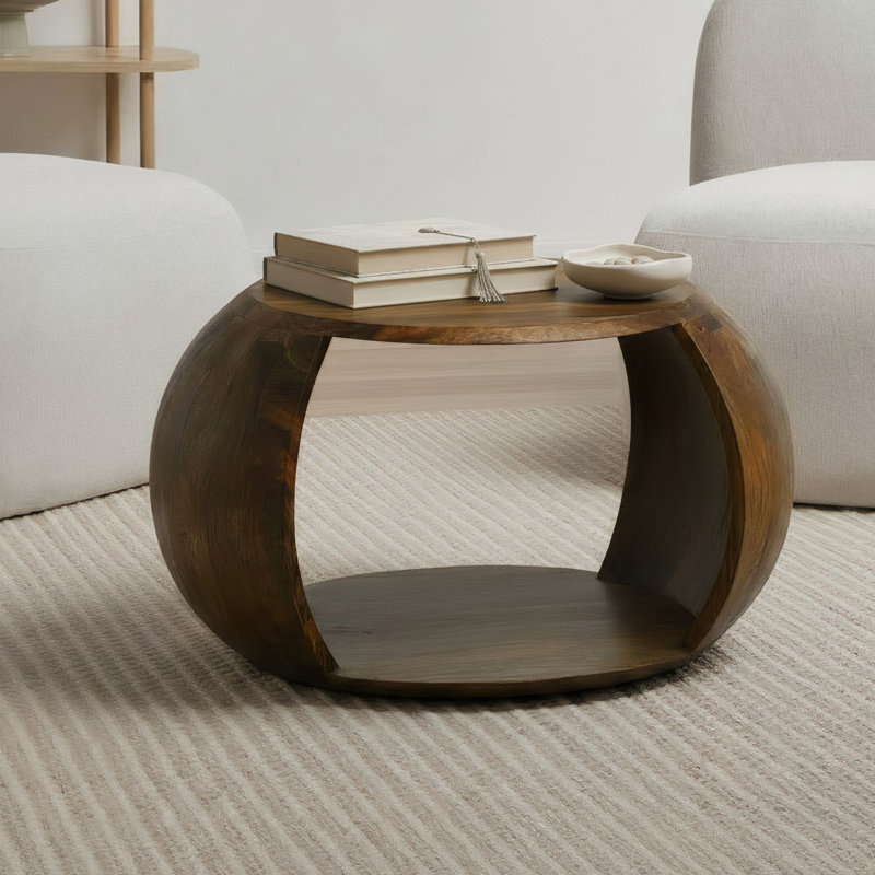 Round Solid Mango Wood Coffee Table with Storage Shelf