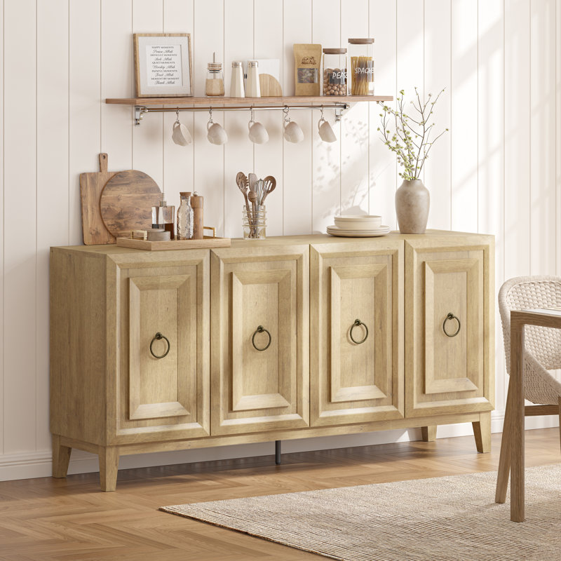 63" Wide Farmhouse 4-door Sideboard Buffet Cabinet With Retro Ring Handles