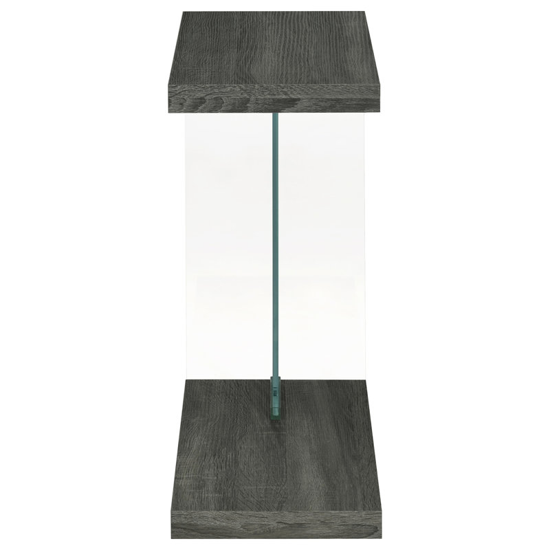 Table d'appoint rustique gris vieilli, panneau de particules et verre, largeur moderne de 10 pouces et profondeur de 18,5 pouces