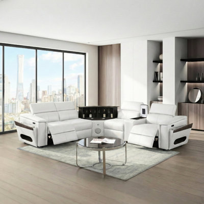 Canapé modulaire contemporain blanc, 4 sièges, similicuir, 2 appuis-tête réglables, recharge sans fil, ports, haut-parleur, barre à DEL, compartiments de rangement, rangement pour accoudoirs, lecture ou réfrigérateur en option