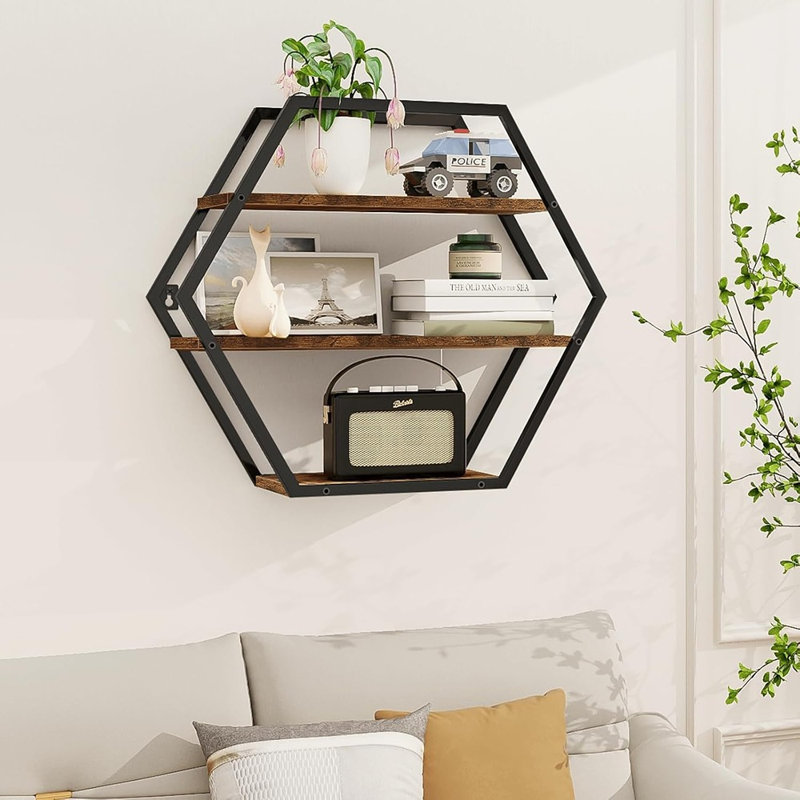 Shelves For Wall, Hexagon Floating Shelves, Decorative Geometric Shelf For Wall Decor, Farmhouse Style Shelves For Bathroom Living Room, Rustic Brown Black
