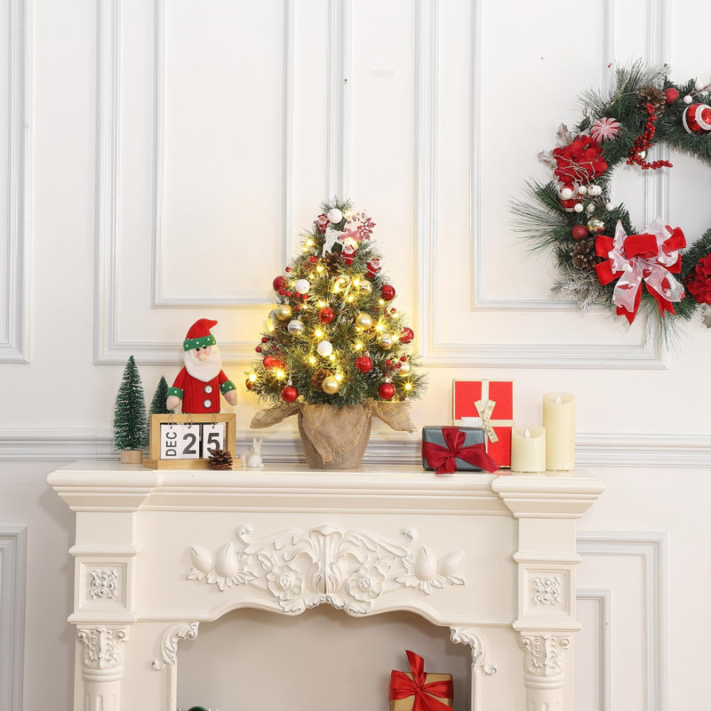 Arbre de Noël illuminé 2 pi avec 50 lumières blanc chaud, pommes de pin et baies rouges