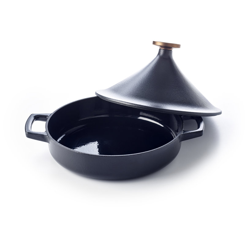 Black Enameled Cast Iron Fondue Pot with Bronze Knob