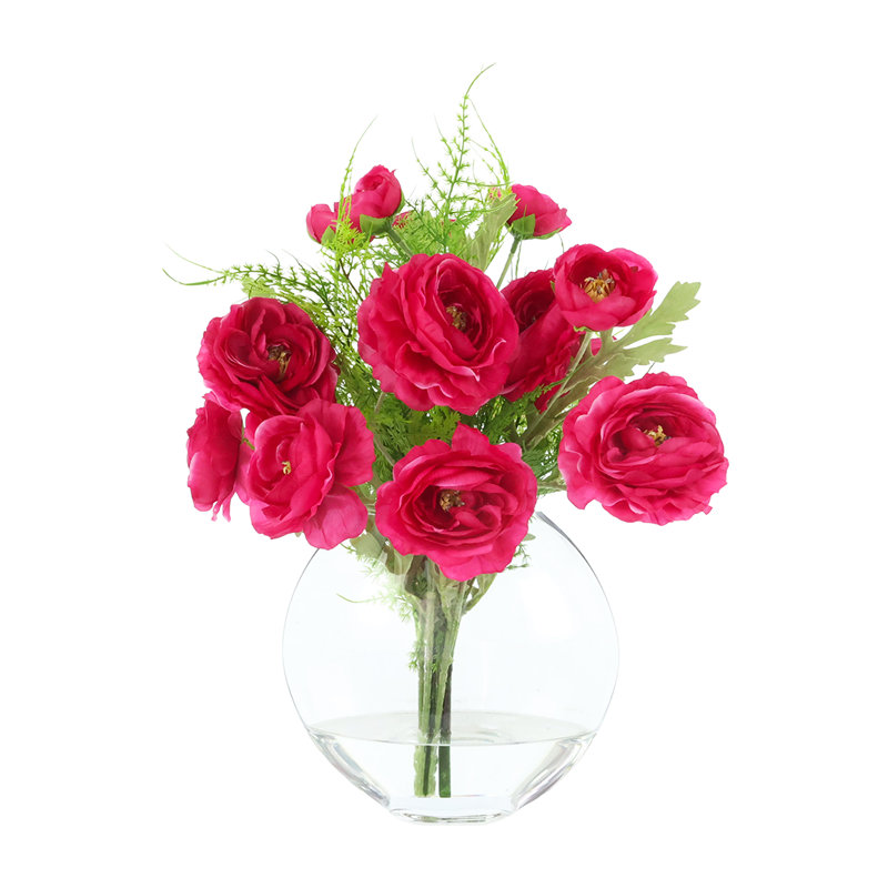 Arrangement floral de renoncule dans un vase en verre, H 17 po x l 17 po x P 14 po, Bourgogne