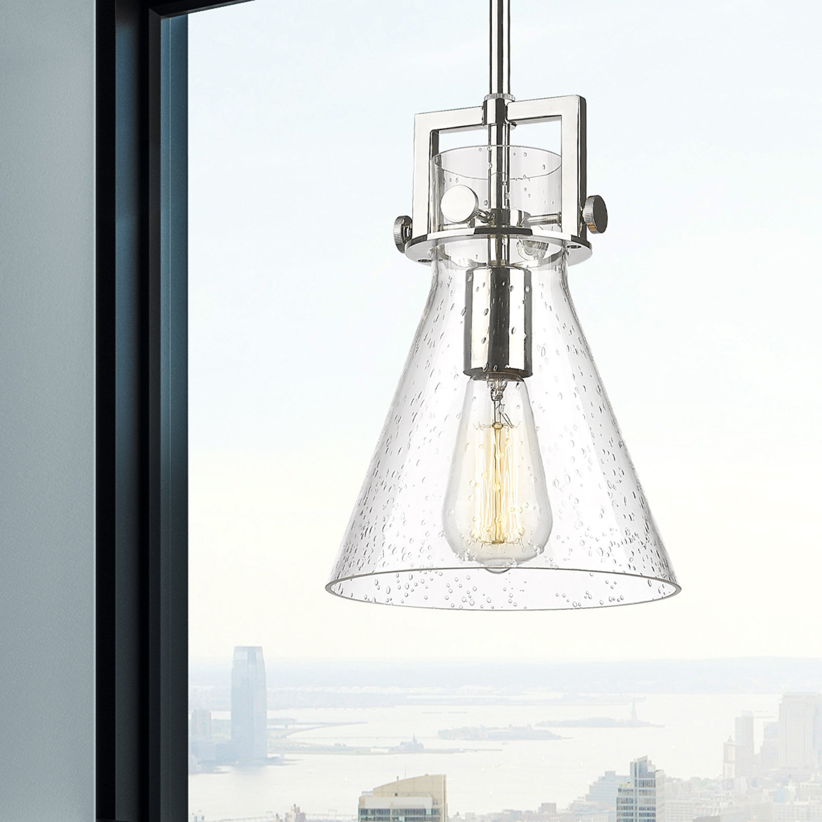 Coterie Single Light Glass Dimmable Pendant, Seedy, Polished Nickel, 11.38" H x 8" W x 8" D