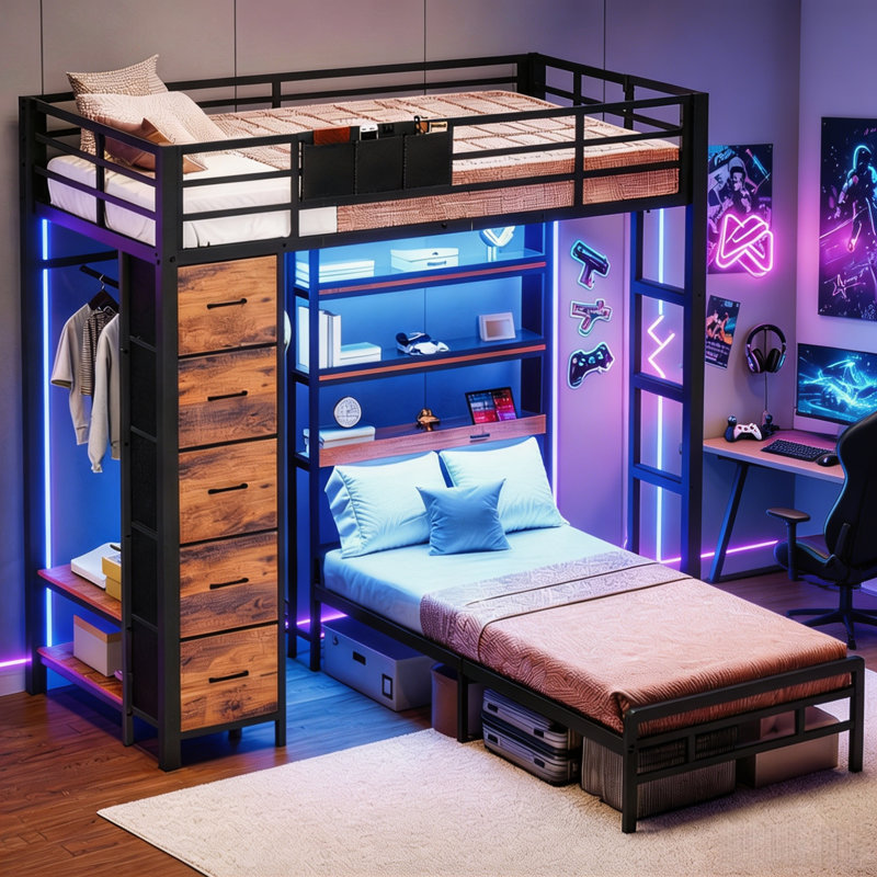 Lit superposé simple au-dessus de simple avec tablettes DEL à 3 niveaux et rangement pour arbre d'entrée, Black 