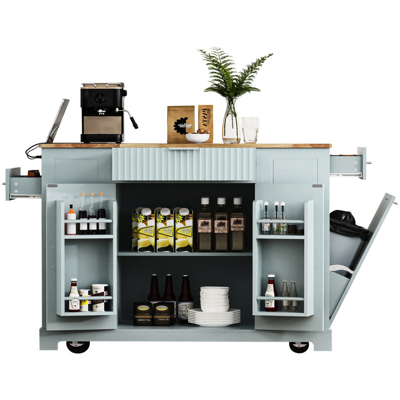 Chariot pour îlot de cuisine spacieux avec roues dissimulées et tablettes de rangement, Grey Blue