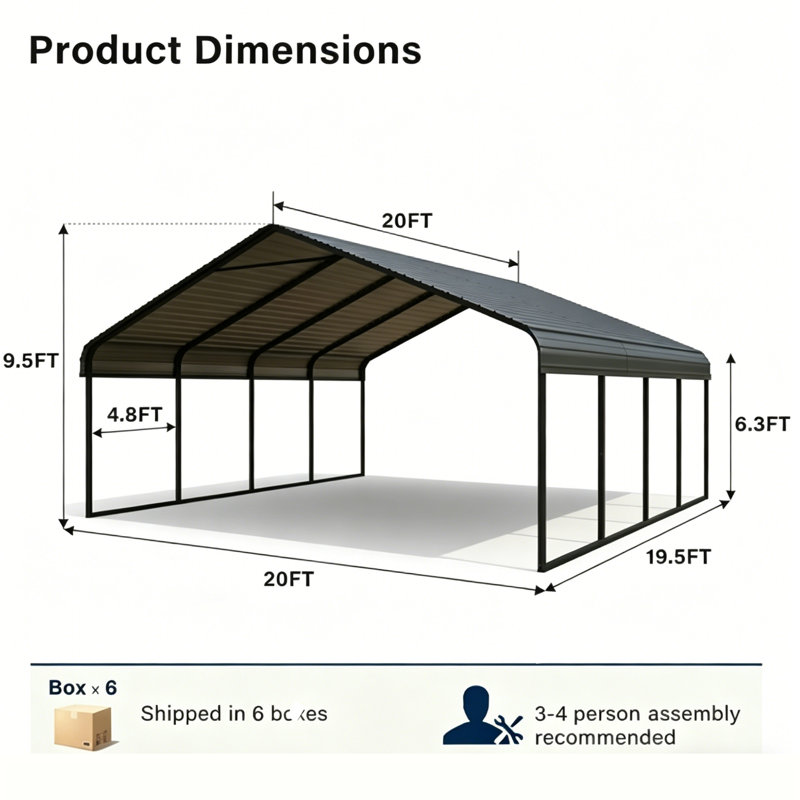 20 Ft. W x 20 Ft. D Galvanized Steel Carport, 20 Ft. W x 20 Ft. D