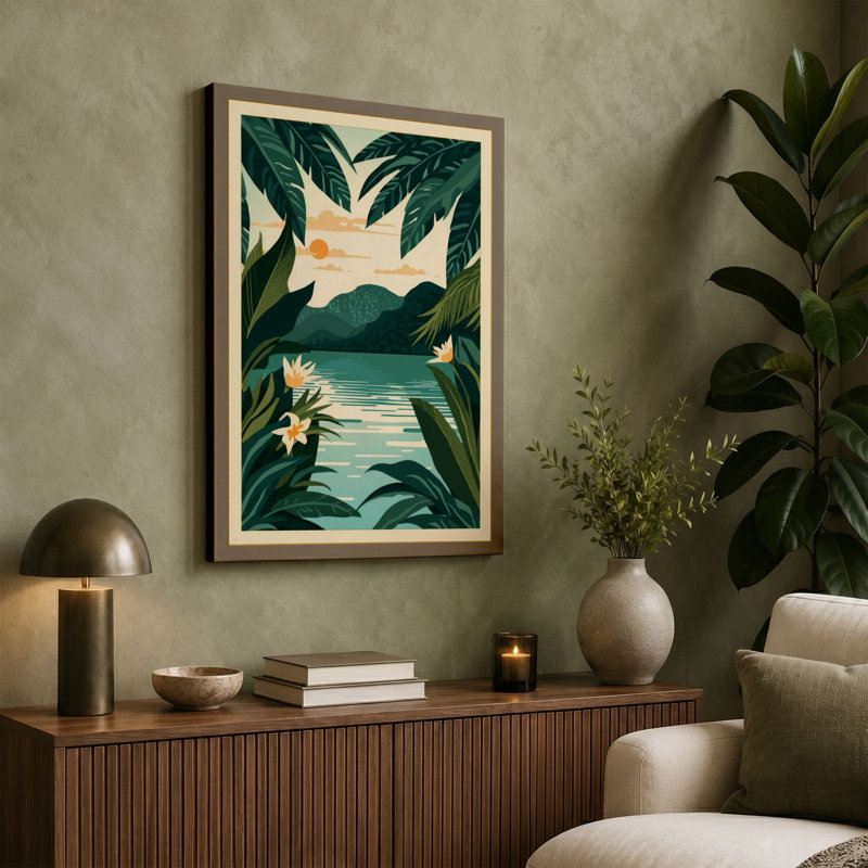 Garden Window to Water Botanical - Wrapped Canvas, 18x12 - 45.7 x 30.5 cm, Teal Border