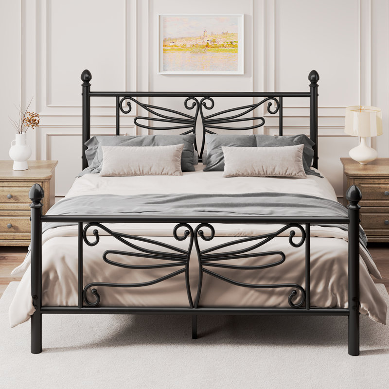 Queen Elegant Metal Platform Bed with Dragonfly Headboard and Footboard, Sturdy and Stable Structure & Under-bed Storage, Easy Assembly, Black