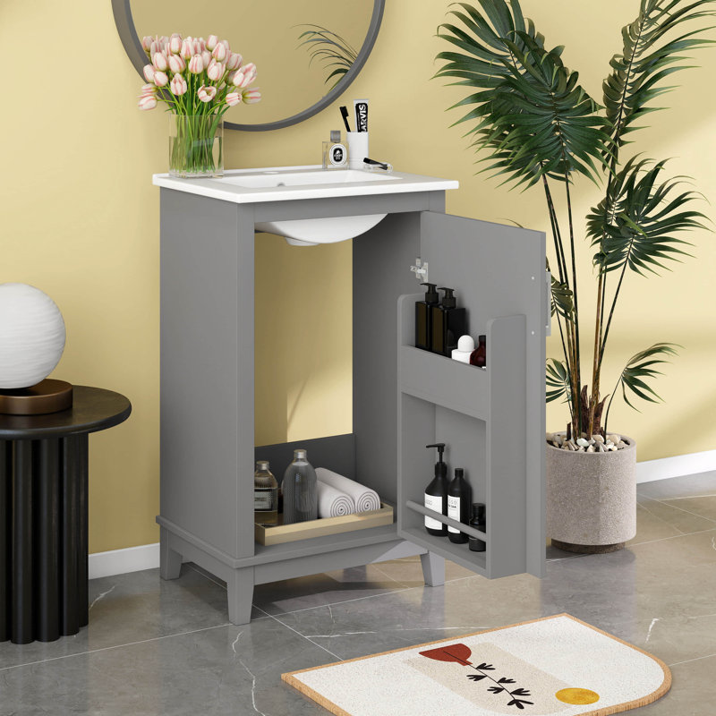Meuble-lavabo de 20 po avec lavabo, meuble-lavabo en bois massif avec supports de porte et porte à fermeture en douceur, Gris