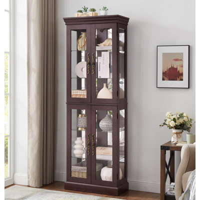 Vitrine élégante en verre lumineux | Cadre en bois, présentoir à vin et jouets avec rangement | Ampoule incluse pour le salon, la cuisine et le garde-manger