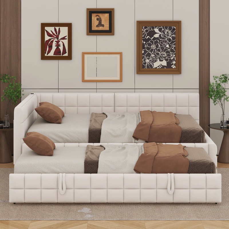 Lit de jour rembourré en L pleine grandeur avec lit gigogne escamotable double et ports USB, Beige