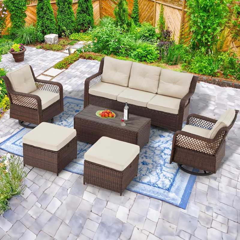 6 Pieces Patio Furniture Set Sectional Wicker Sofa Outdoor Conversation Sets With Swivel Chairs,Table And Ottomans For Garden, Poolside, Backyard