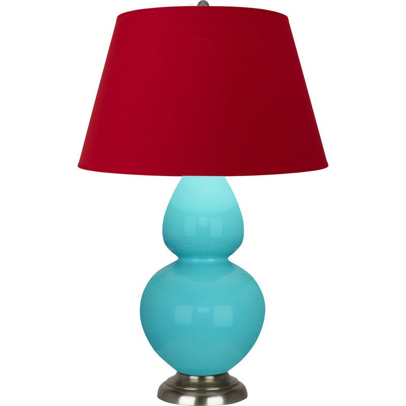 Lampe de table double gourde en céramique, Bleu œuf émaillé / argent antique, Blanc cassé, Argent argent