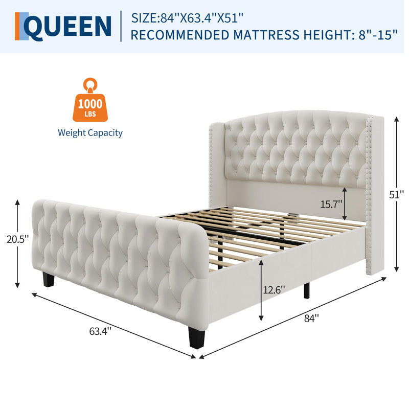 Base de lit grand format avec tête de lit capitonnée à oreilles et plateforme rembourrée en velours, Beige, Grand lit