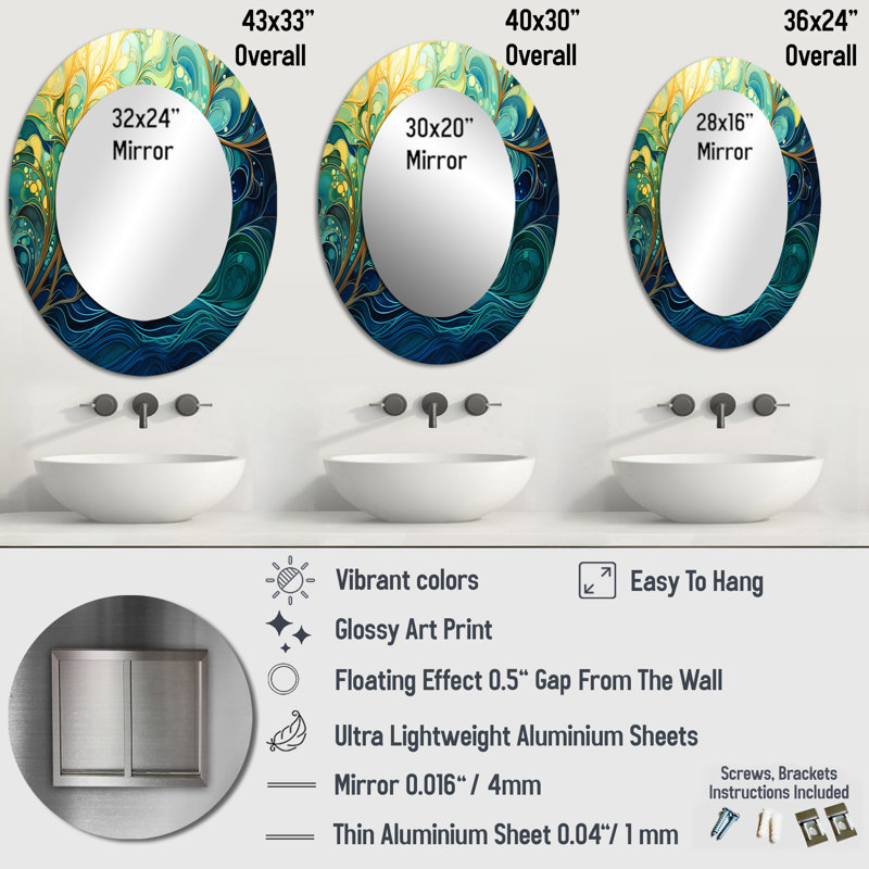 Miroir mural ovale vert et jaune Gleaming Ink II, H 36 po x l 24 po