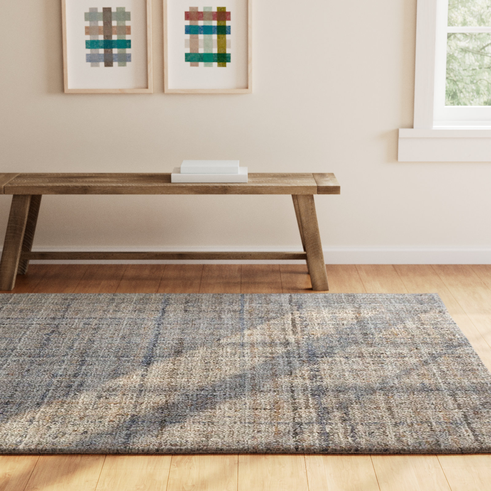 Harris Blue Brown Hand-Hooked Plaid Wool Rug, Rectangle 6' x 9', Blue/Brown