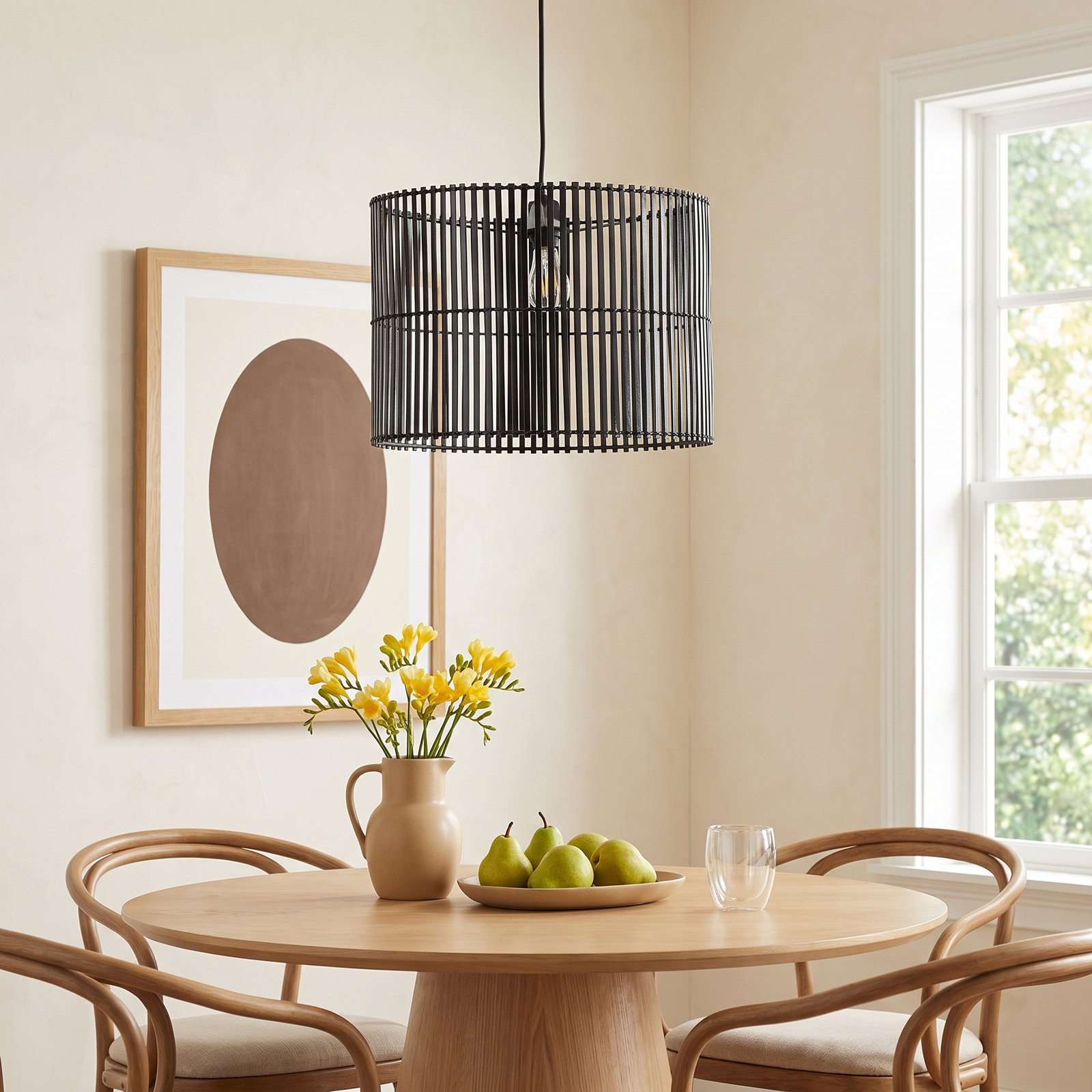 Fareholm Single Light Rattan Dimmable Pendant, Black