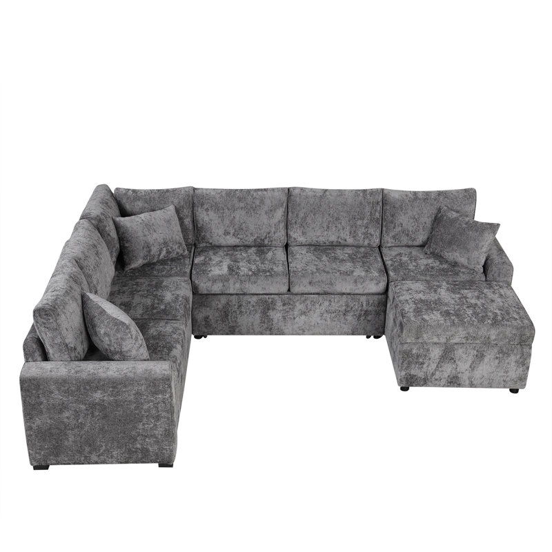 112.2" Sectional Sofa Pull-Out Sofa Bed Sleeper With A Storage Ottoman, Gray Chenille