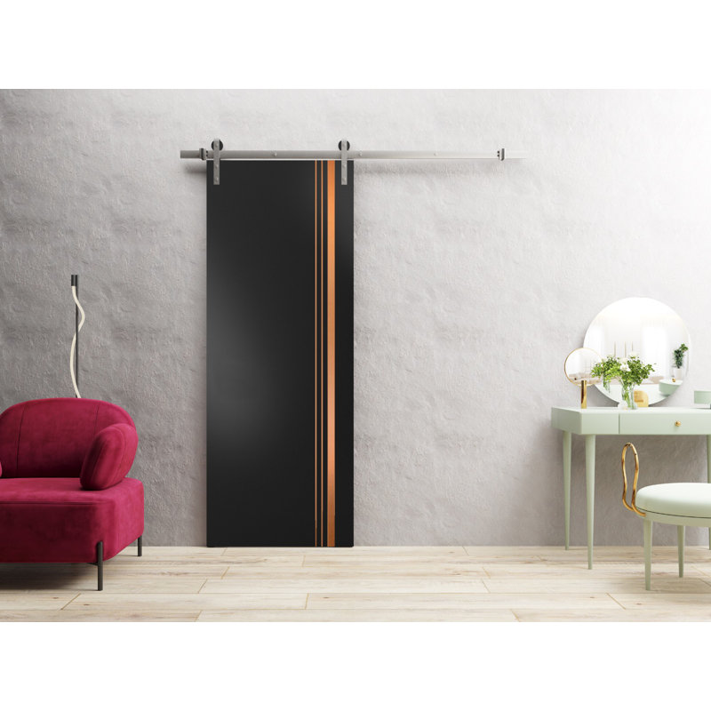 Porte de grange en bois manufacturé 1010, 18 po x 96 po, Noir mat / Chrome
