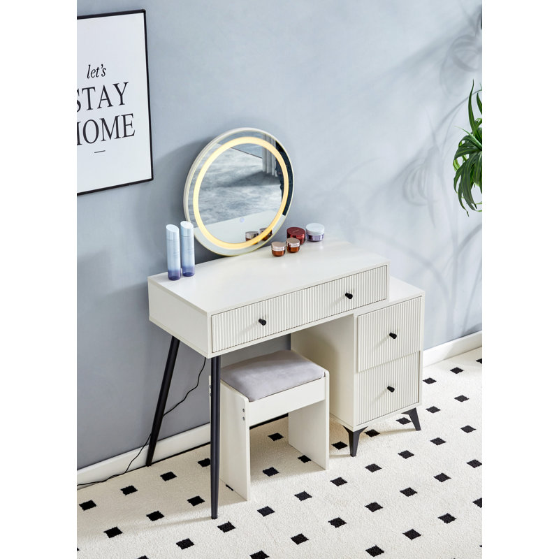 Meuble-lavabo cannelé avec miroir rond à DEL et lumières, grande coiffeuse moderne avec plateau en verre avec 4 tiroirs et tablettes réglables