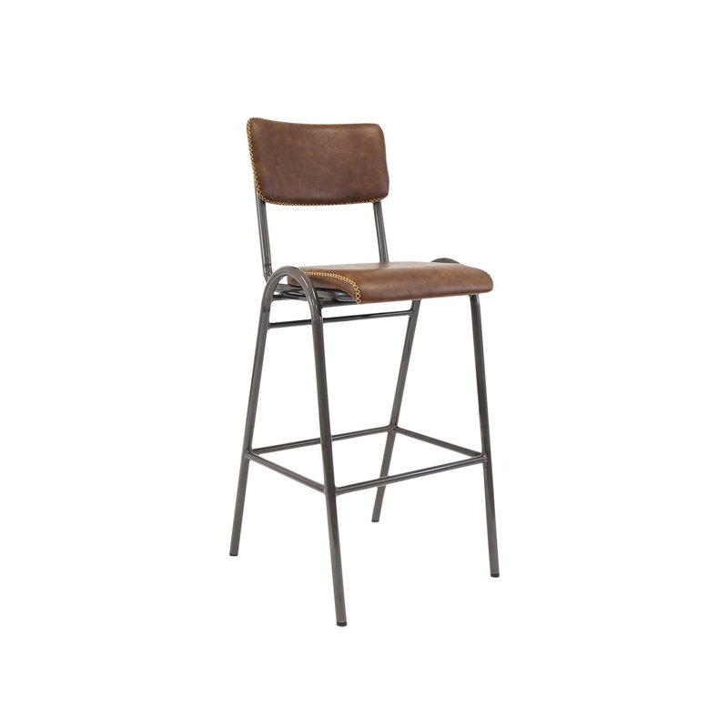 Tabouret de bar industriel intérieur en métal avec assise et dossier rembourrés bruns