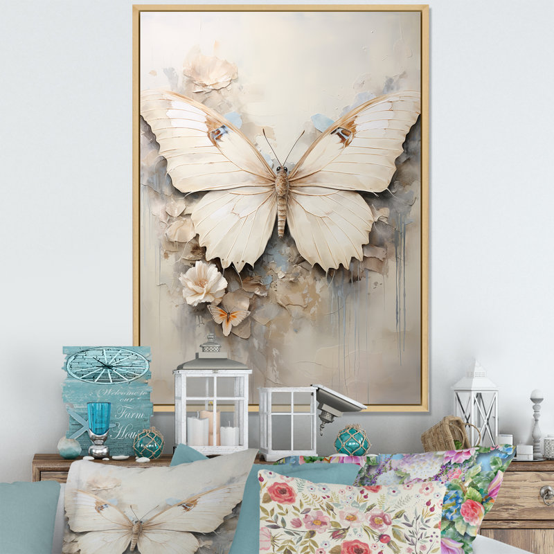 Minimalisme, papillon beige - art mural papillon, H 44 po x l 34 po x P 1,5 po, Cadre flottant érable