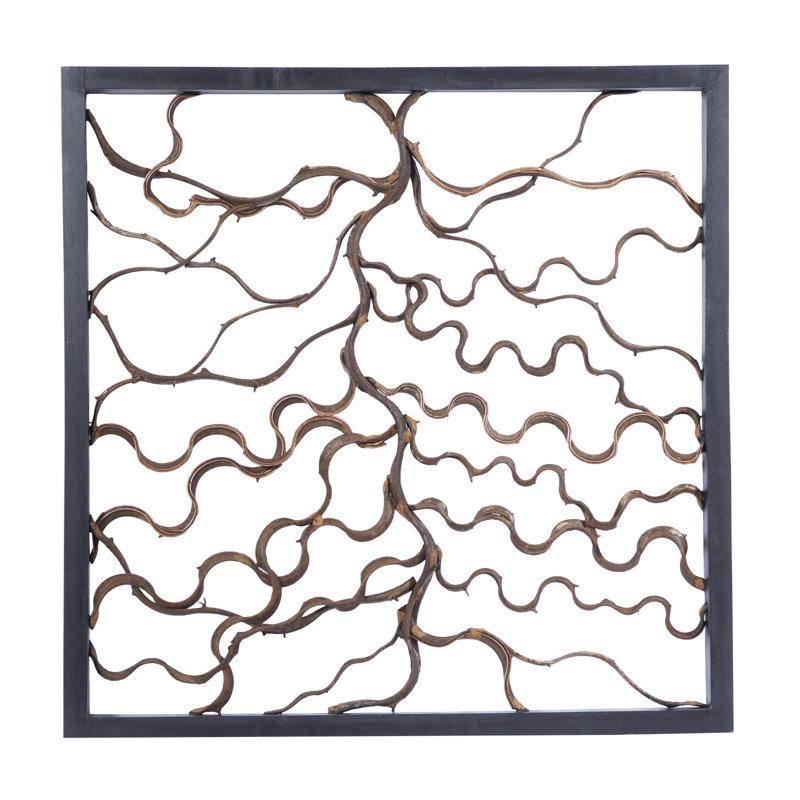 Décoration murale carrée en bois de teck et branches de Bauhinia, H 35,5 po x l 35,5 po x P 2 po