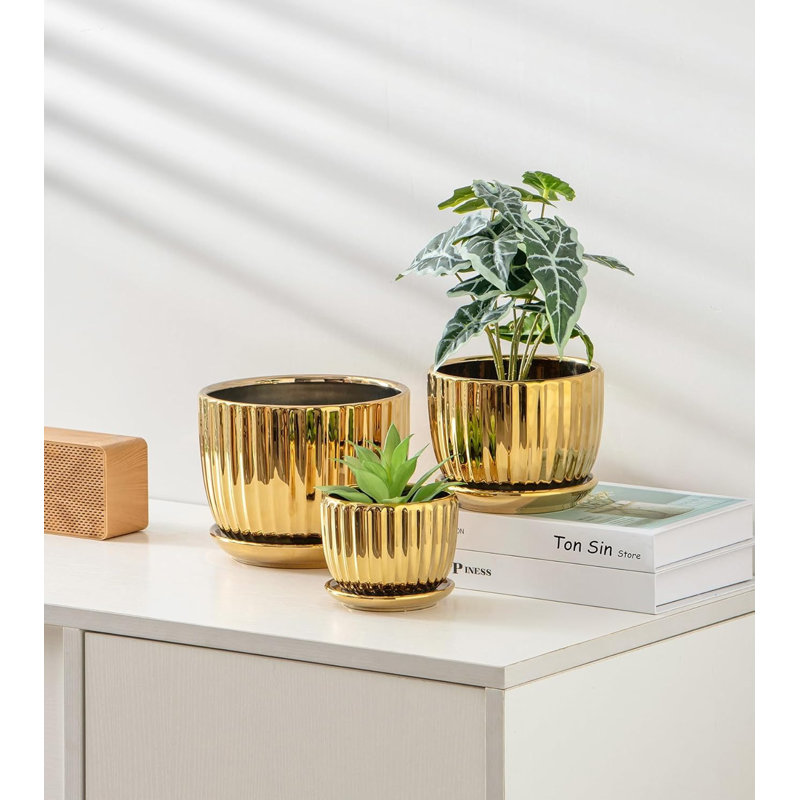 Ensemble de 3 pots à fleurs en céramique dorés
