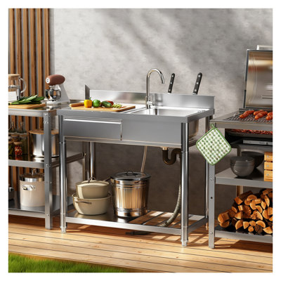 304 Stainless Steel Outdoor Utility Sink with Workbench & Storage Shelf - 39" Freestanding Patio Prep Table with Left Drawer and 360° Hot/Cold Water Faucet for Garden Kitchen