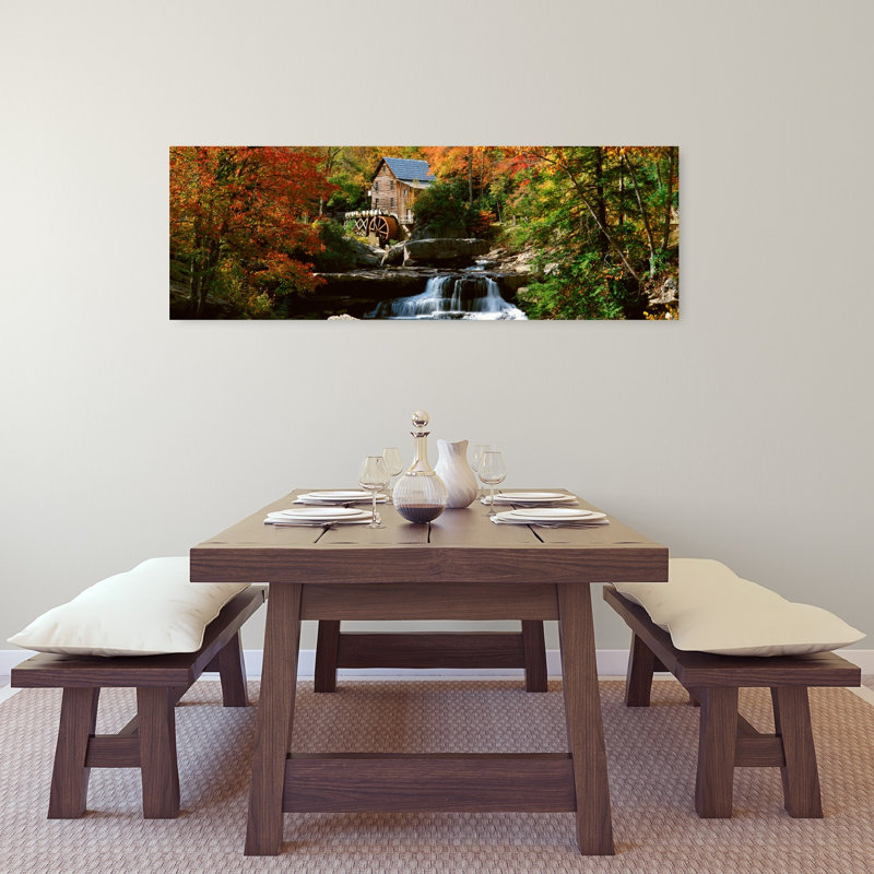 Panoramic Of Glade Creek Grist Mil And Autumn Reflections And Waterfall In Babcock State Park WV by J Sohm/VOA LLC - Wrapped Canvas Panoramic Print
