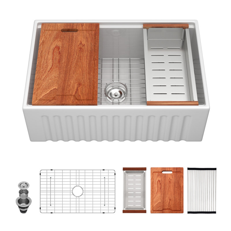 30" L X 20" W Farmhouse Kitchen Sink Fireclay Workstation Sink Reversible Apron Front Single Bowl Sink