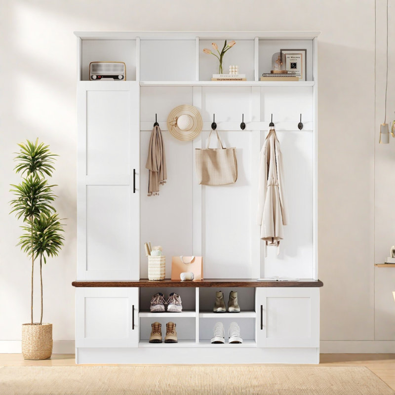 3-in-1 Hall Tree With 6 Hooks, Bench, Left Cabinet With Adjustable Shelves And Open Compartments, White
