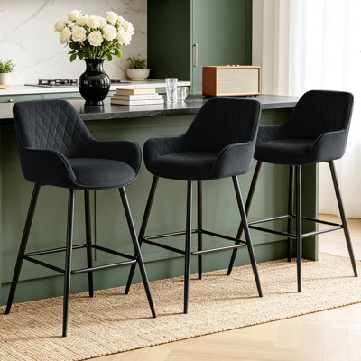 Velvet Upholstered Bar Stools with Armrests, Diamond Quilted Backrest and Metal Legs