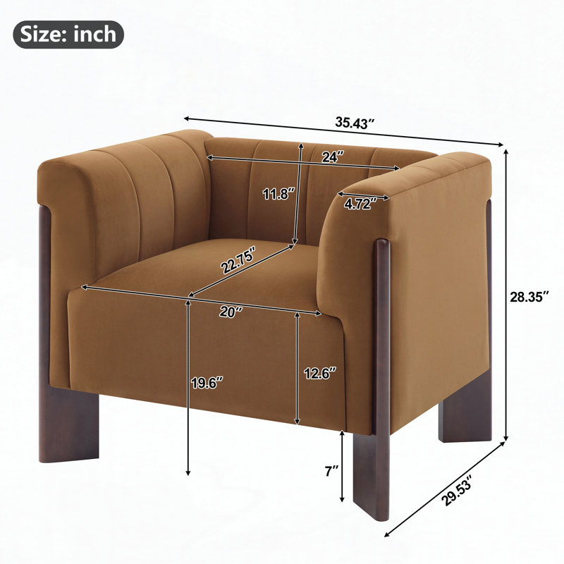 Fauteuil d'appoint en velours avec dossier capitonné à rainures verticales, accoudoirs ronds et pieds en noyer